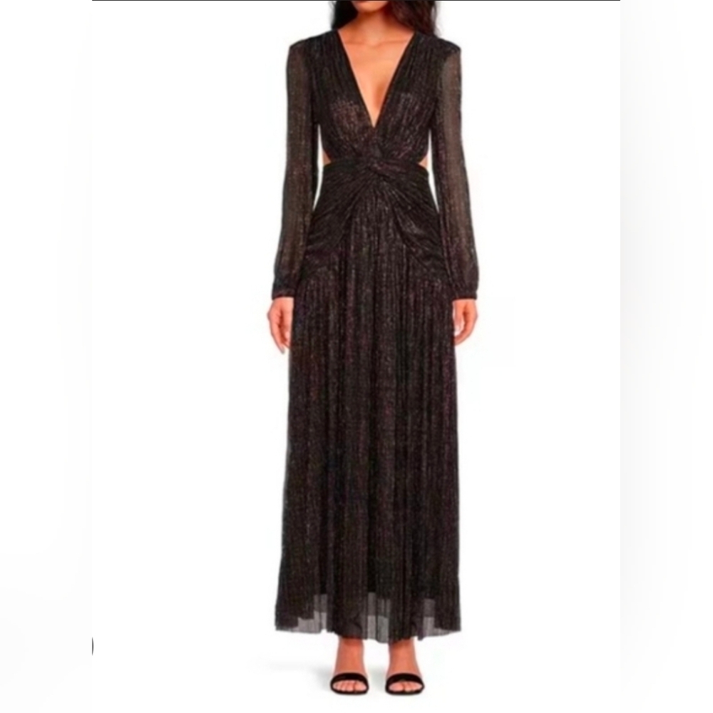Gianni Bini Hazel Chiffon Deep V-neck Long Sleeve Cut-Out Gown:Black Metallic:14